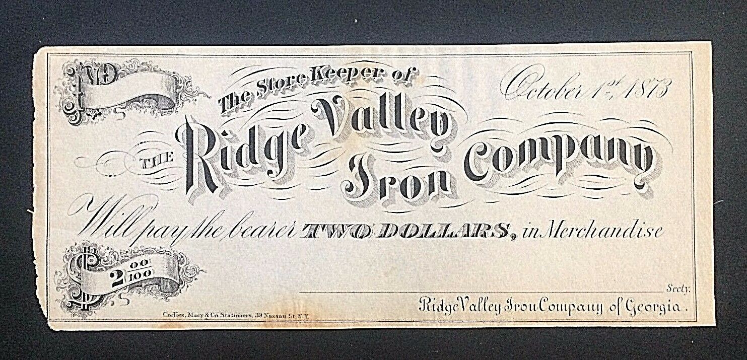 Rome GA Ridge Valley Iron Company $2 Printed Corlies Macy Nassau St NYC 1873