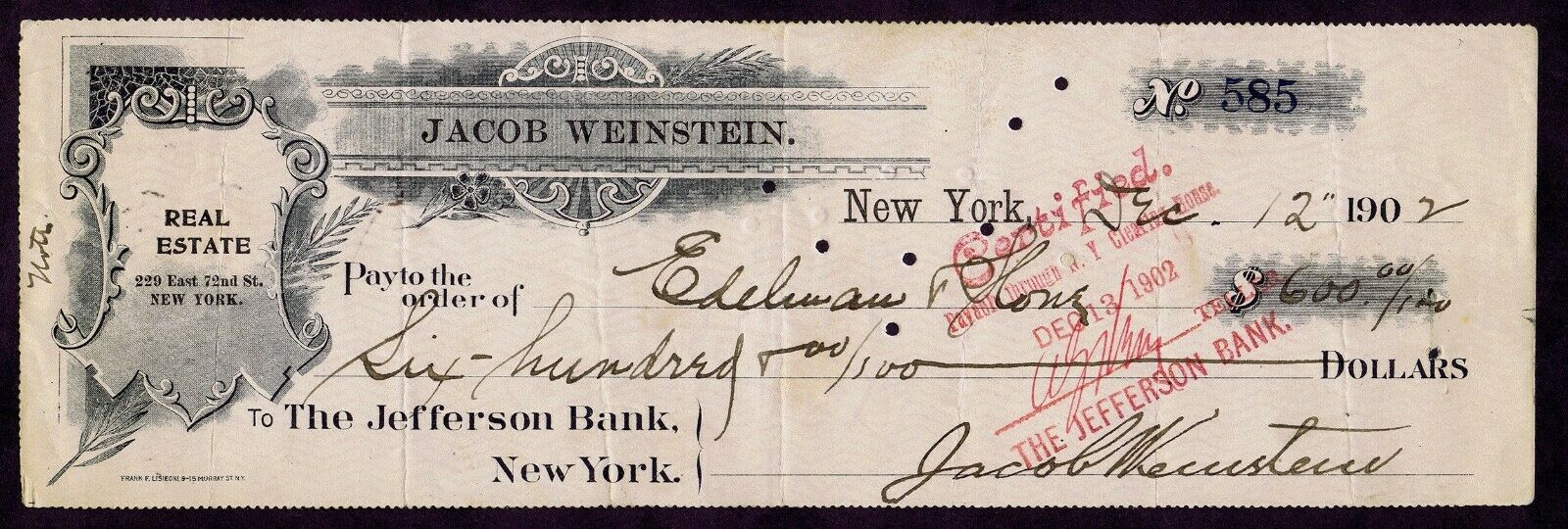 (HARVEY RELATED?) JACOB WEINSTEIN REAL ESTATE CHECK of 1902 with PALINDROME 585