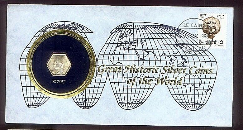 FRANKLIN MINT HISTORIC SILVER EGYPT 2 PIASTRES 6 SIDED in POSTMARKED ENVELOPE