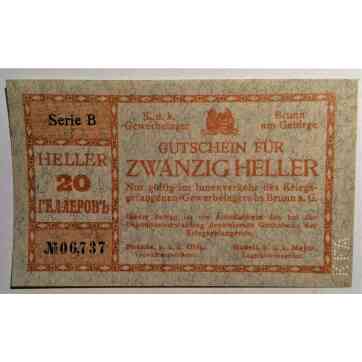 AUSTRIA WORLD WAR I POW CAMP MONEY 20 HELLER BRUNN am GEBIRGE PUNCHED K.F.A.