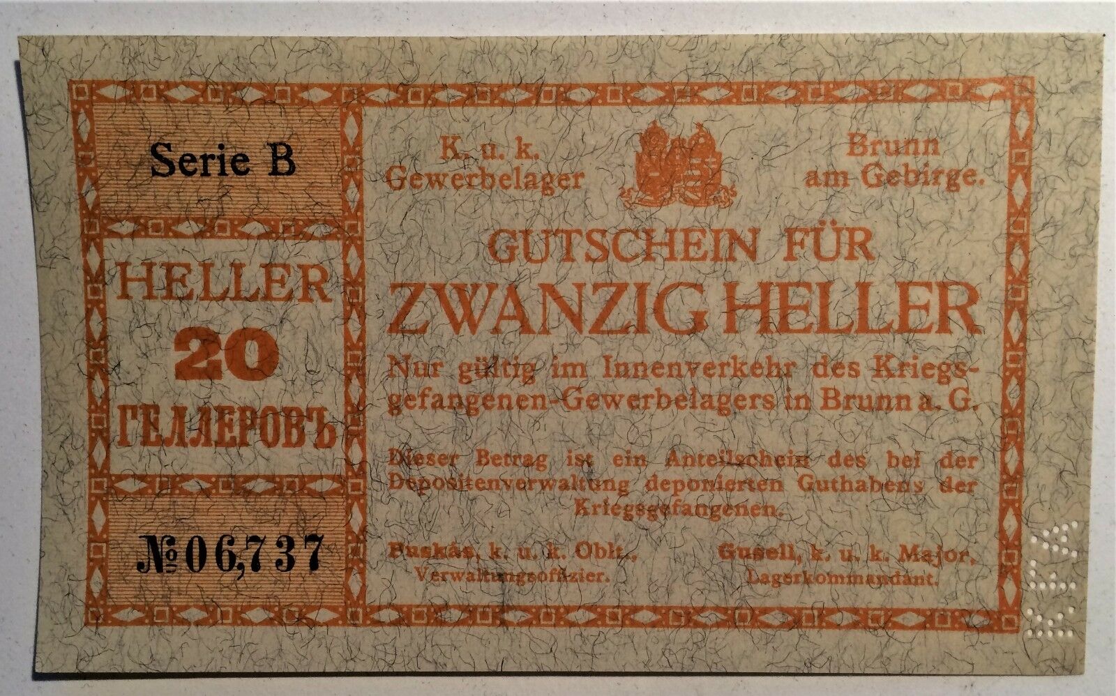 AUSTRIA WORLD WAR I POW CAMP MONEY 20 HELLER BRUNN am GEBIRGE PUNCHED K.F.A.