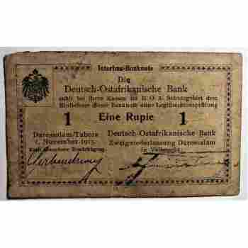 WWI GERMAN EAST AFRICA 1 RUPIE of 1915 SERIES B2 ROSENBERG # 529 CIRCULATED