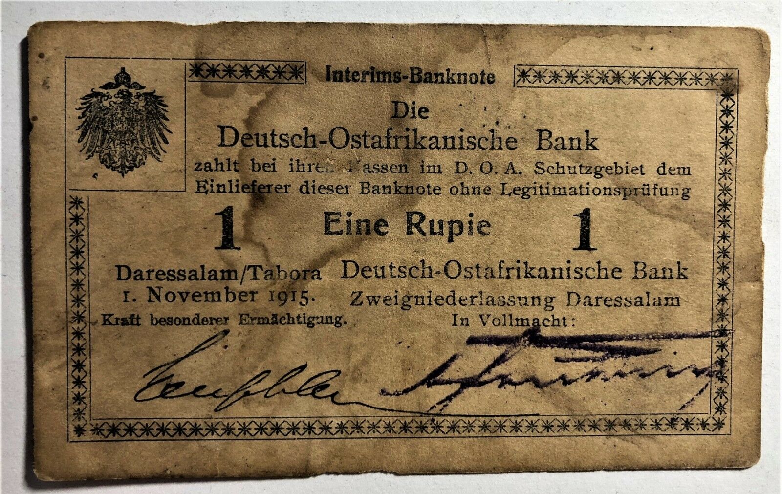 WWI GERMAN EAST AFRICA 1 RUPIE of 1915 SERIES D2 ROSENBERG # 531 CIRCULATED