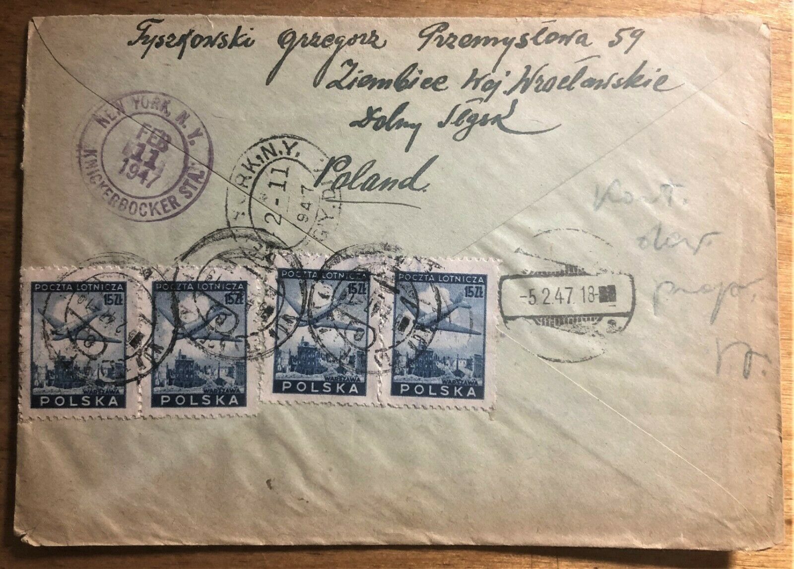 SILESIA SHTETL ZIEMBICE POLAND to JEWISH FORWARD in NYC REGISTERED COVER of 1947