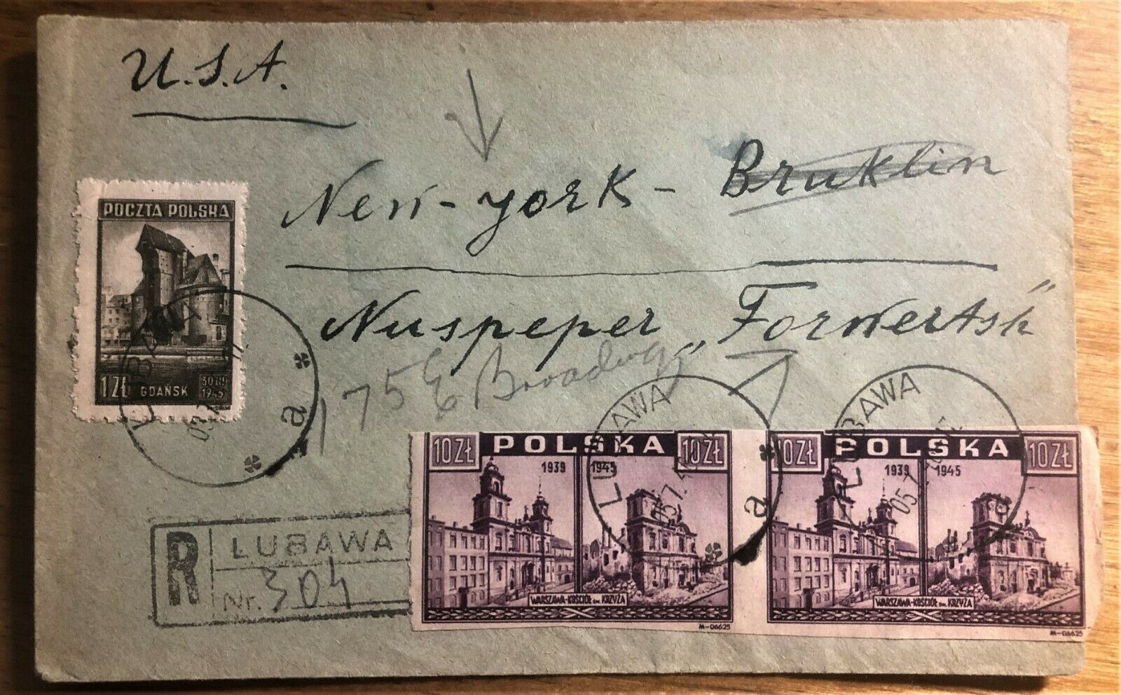SHTETL LUBAWA POLAND to JEWISH DAILY FORWARD in NYC REGISTERED COVER of 1946