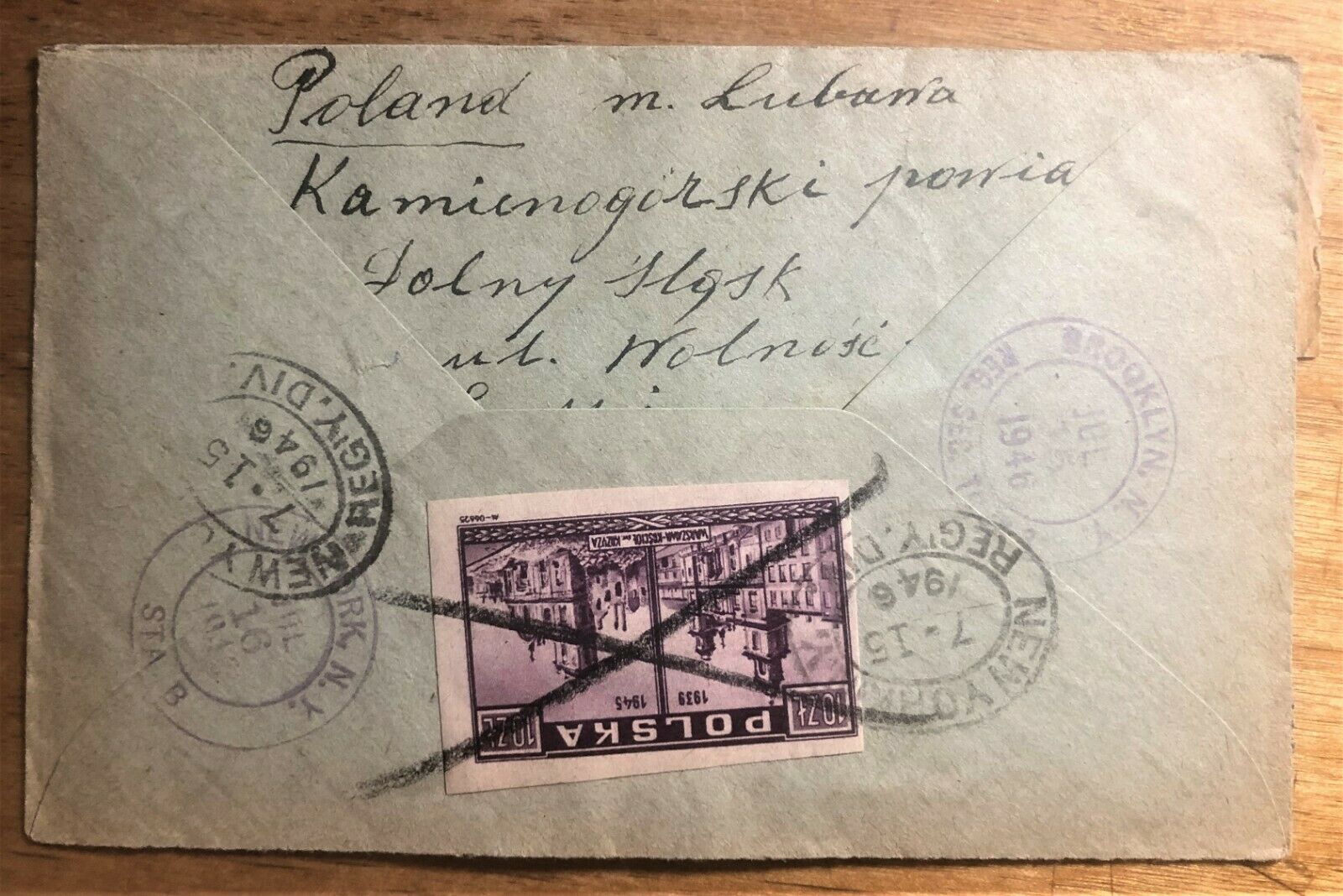 SHTETL LUBAWA POLAND to JEWISH DAILY FORWARD in NYC REGISTERED COVER of 1946