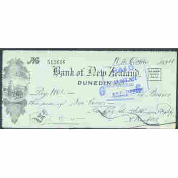 BANK of NEW ZEALAND DUNEDIN MAORI VIGNETTE 1934 CHECK
