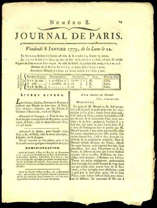 JOURNAL de PARIS AMERICAN REVOLUTIONARY PERIOD 1779 MEASURES APPROX 9 x 14" OPEN