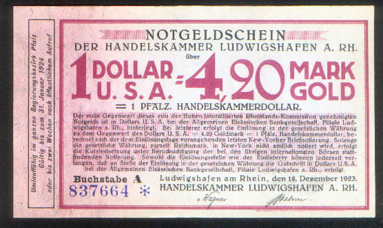 LUDWIGSHAFEN GERMANY UNC NOTGELD 1923 DENOMINATED 4 | 20 GOLD MARK = 1 USA DOLLAR