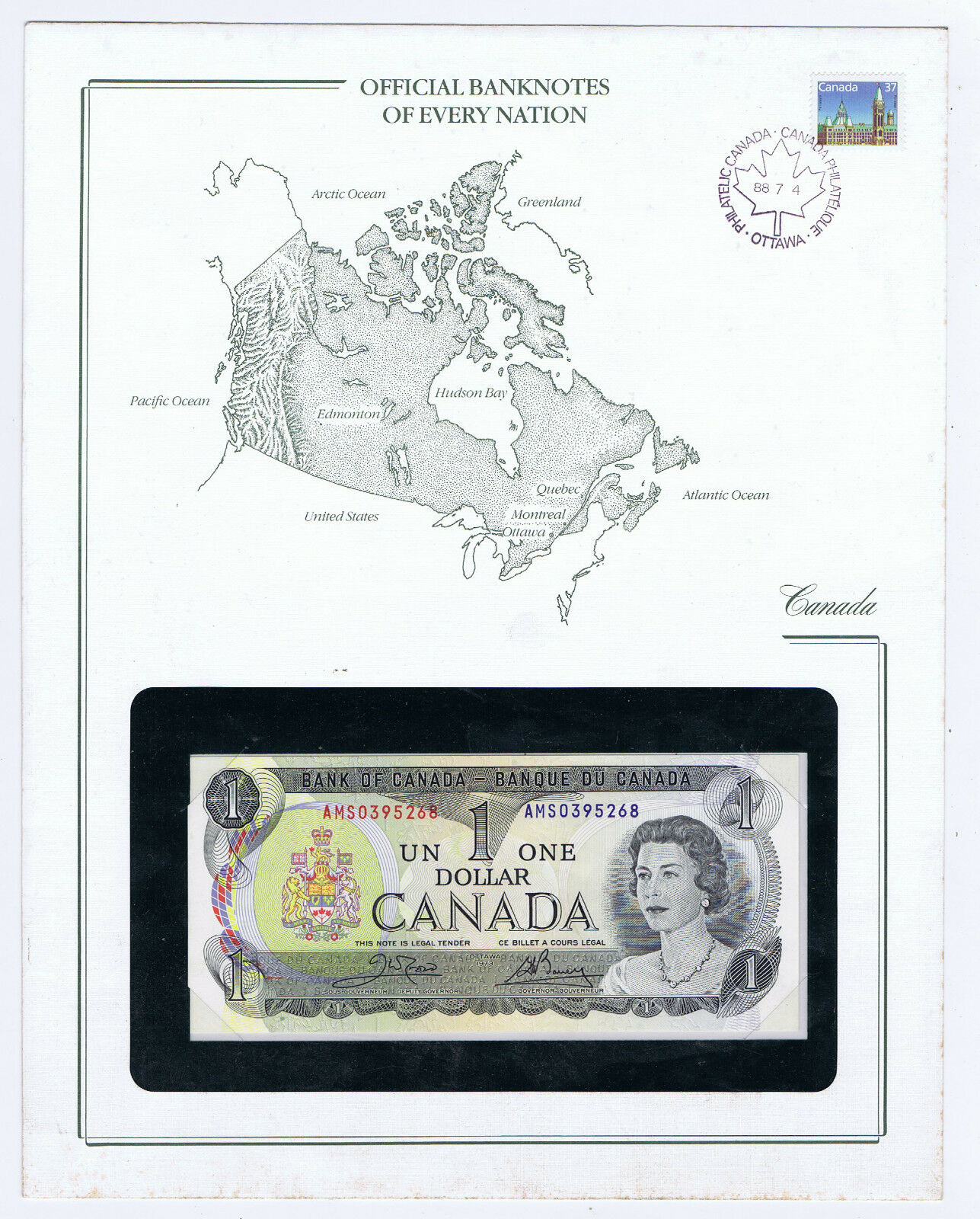 CANADA $1 NOTE PICK # 85c ELIZABETH II STAMPED WINDOWED ENVELOPE with MAP & INFO