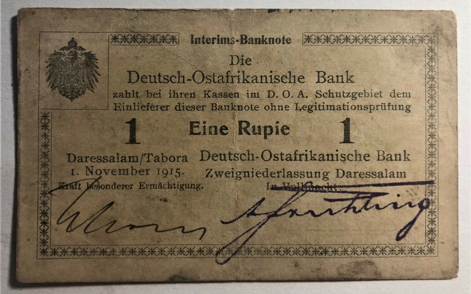 WWI GERMAN EAST AFRICA 1 RUPIE of 1915 SERIES R ROSENBERG # 522 CIRCULATED