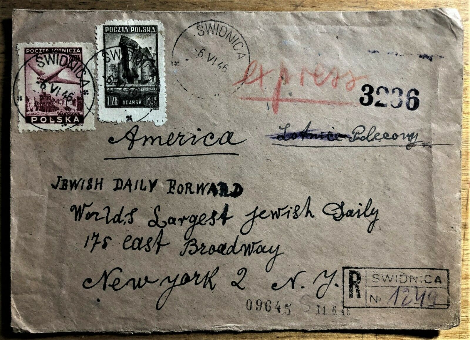 SWIDNICA COVER (GERMANY to POLAND in 1945) to JEWISH DAILY FORWARD DATED 1946