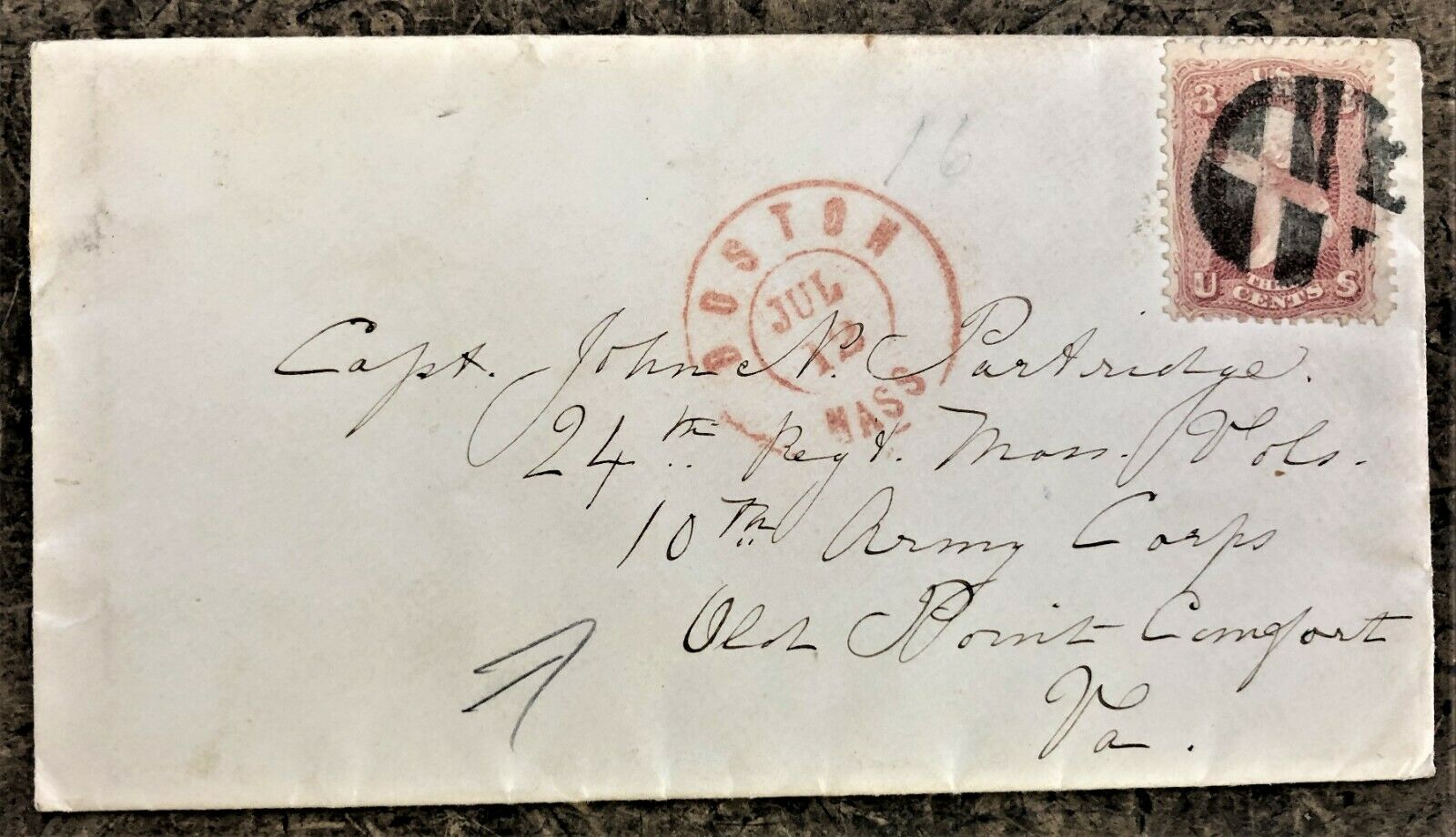CIVIL WAR COVER from BOSTON to J. PARTRIDGE 24th REG. MASS VOLUNTEERS 10th ARMY