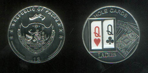 QUEEN of HEARTS / CLUBS LADIES POKER COLOR COIN from PALAU TEXAS HOLDEM 2009