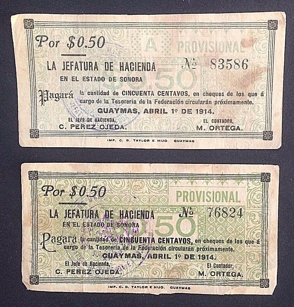 MEXICO 1914 GUAYMAS PROVISIONAL PAIR 50C & PESO SONORA P # S1056 & 7 GREAT STORY