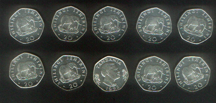 TANZANIA AFRICAN ELEPHANT with BABY MULTI ( 7 ) SIDED COINS x 10 UNC KM # 27.2