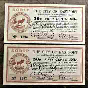 2 CONSECUTIVE 50¢ EASTPORT MAINE DEPRESSION SCRIP NOTES of 1935 with MOOSE LOGO