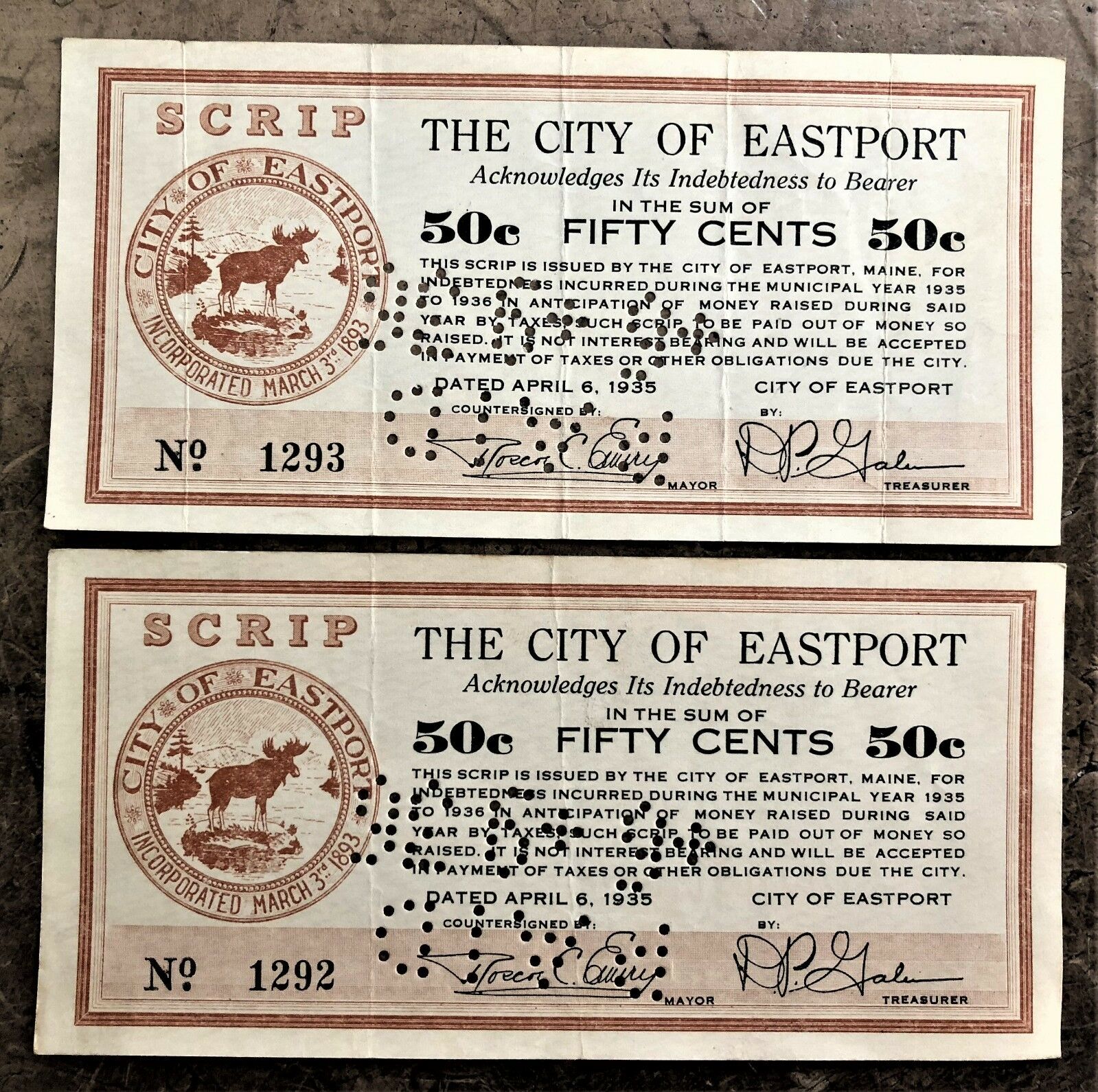 2 CONSECUTIVE 50¢ EASTPORT MAINE DEPRESSION SCRIP NOTES of 1935 with MOOSE LOGO