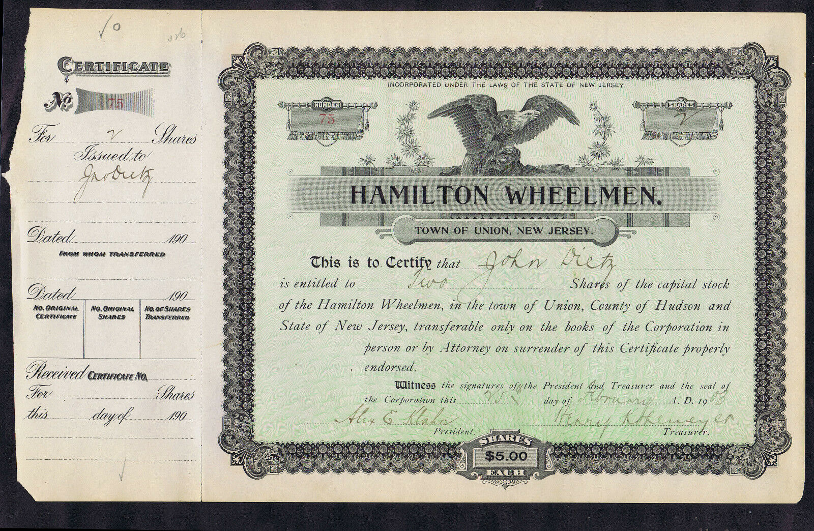 HAMILTON WHEELMEN EARLY NJ BICYCLE CLUB 1903 UNION NEW JERSEY SHARE CERTIFICATE