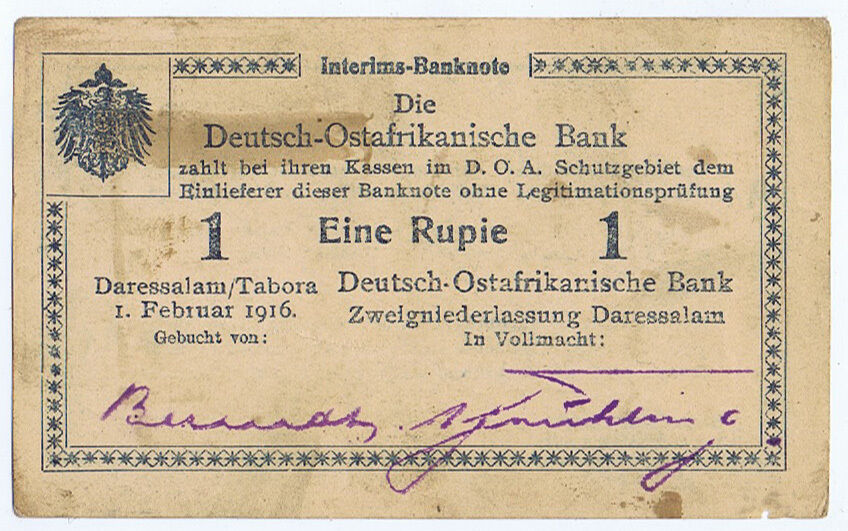 WWI GERMAN EAST AFRICA 1 RUPIE of 1916 SERIES A4 ROSENBERG # 575 DARESSALAM CIRC