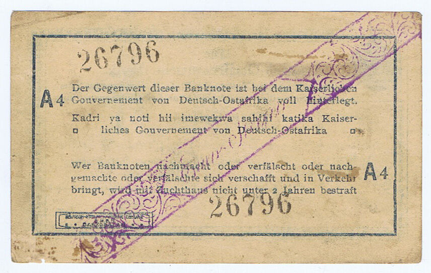 WWI GERMAN EAST AFRICA 1 RUPIE of 1916 SERIES A4 ROSENBERG # 575 DARESSALAM CIRC
