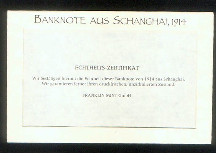 CHINA BANK o COMMUNICATIONS 1914 EXAMINED FRANKLIN MINT SHANGHAI FOLIO in GERMAN