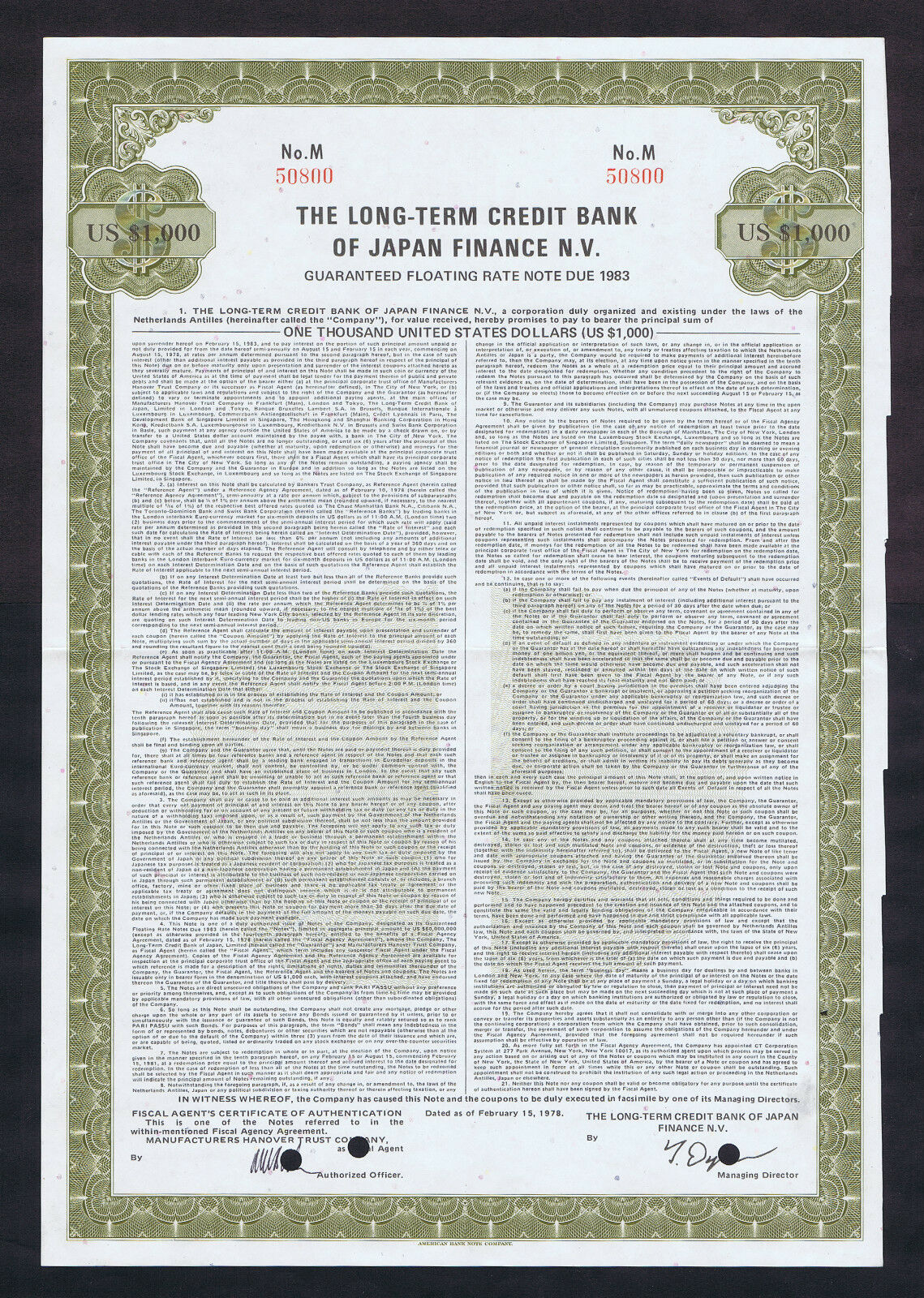 LONG TERM CREDIT BANK of JAPAN FINANCE N.V. DUE 1983 with AWESOME SERIAL # 50800