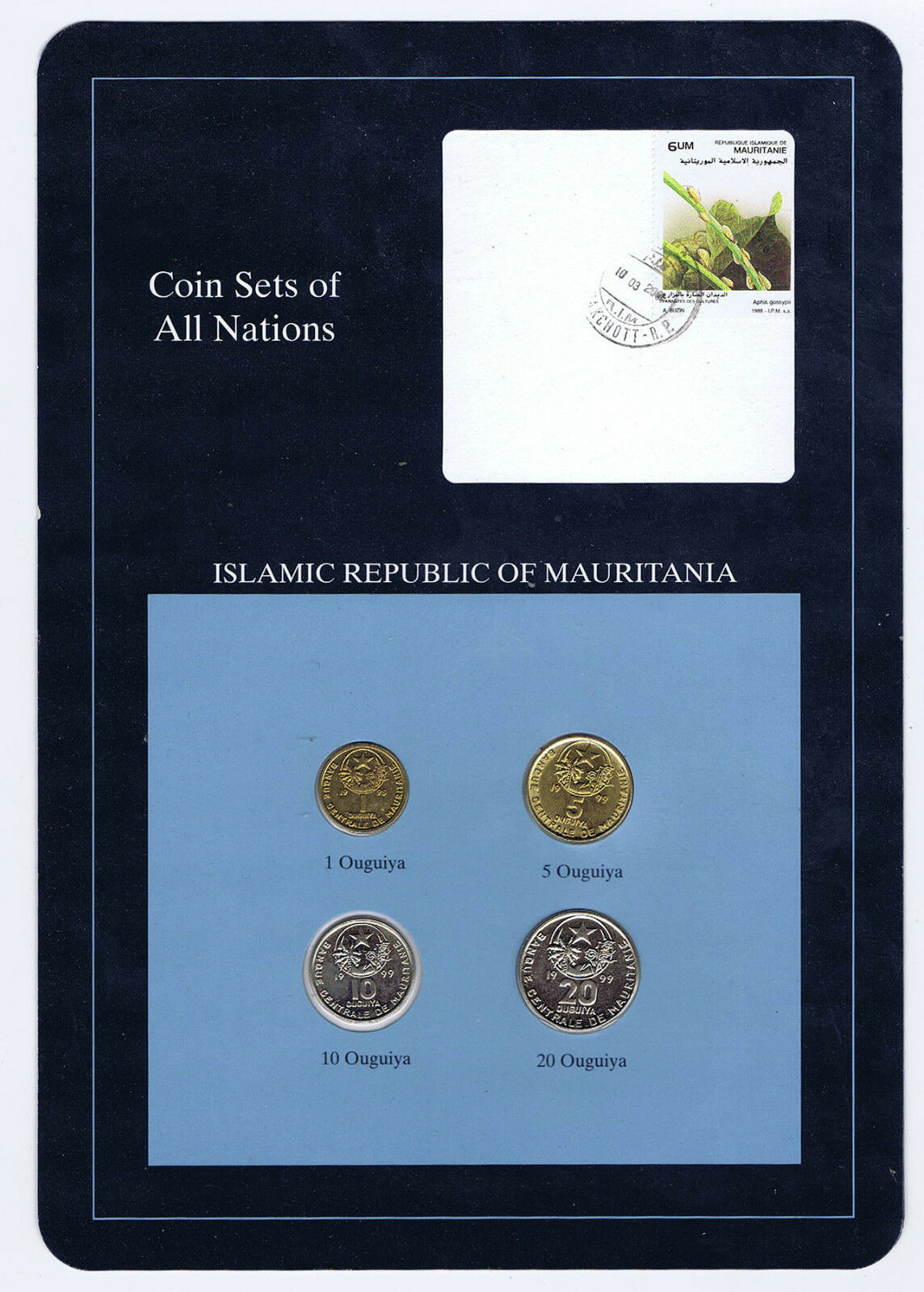 MAURITANIA (WEST AFRICA) UNC 4 COIN SET of ALL NATIONS in PANEL w/ STAMP + INFO