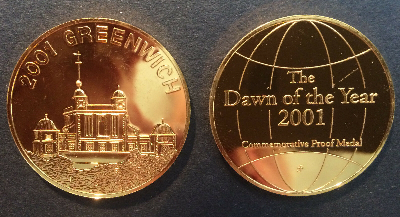 GOLD PLATED SILVER (.999 - 1 OZ) PROOF MEDAL by FRANKLIN MINT 2001 GREENWICH