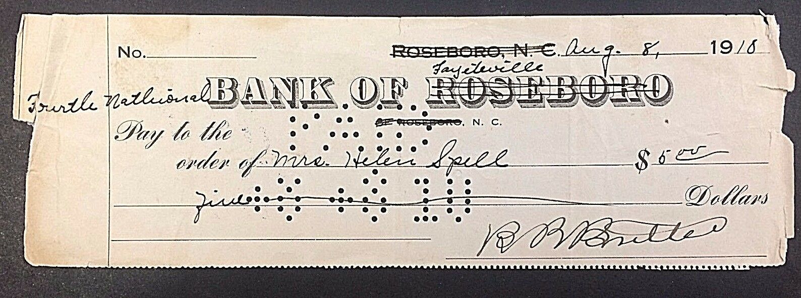 BANK of ROSEBORO CROSSED OUT into FOURTH NATIONAL BANK of FAYETVILLE 1910 CHECK
