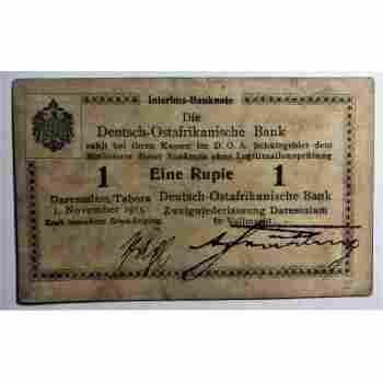 WWI GERMAN EAST AFRICA 1 RUPIE of 1915 SERIES T ROSENBERG # 524 CIRCULATED