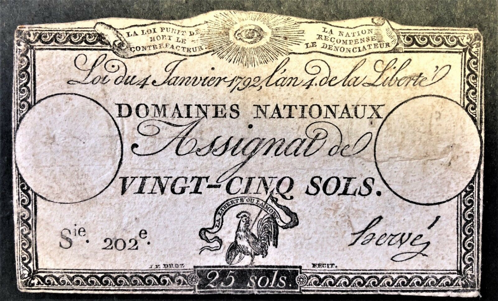 FRANCE REVOLUTION 25 SOLS ASSIGNAT MAY HAVE BEEN USED IN AMERICA GREAT RADAR 202