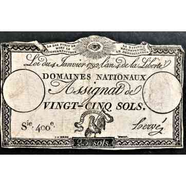 FRANCE REVOLUTION 25 SOLS ASSIGNAT MAY HAVE BEEN USED IN AMERICA with NUMBER 400