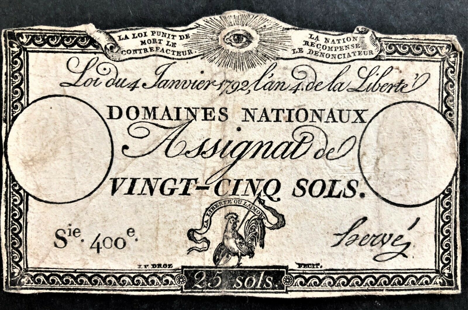 FRANCE REVOLUTION 25 SOLS ASSIGNAT MAY HAVE BEEN USED IN AMERICA with NUMBER 400
