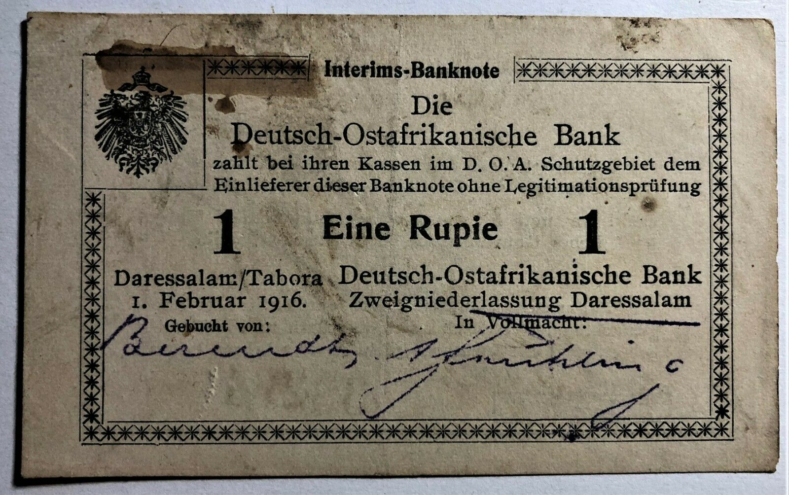 WWI GERMAN EAST AFRICA 1 RUPIE of 1916 SERIES S3 ROSENBERG # 571 CIRCULATED