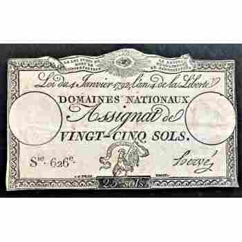 FRANCE REVOLUTION 25 SOLS ASSIGNAT MAY HAVE BEEN USED IN AMERICA GREAT RADAR 626