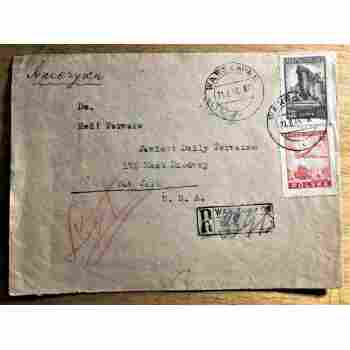 WARSAW POLAND to JEWISH DAILY FORWARD REGISTERED COVER of 1946