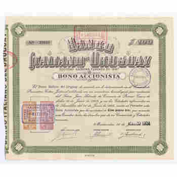 BANCO ITALIANO del URUGUAY $100 GOLD PESOS 1924 SHARE with HANDSTAMPS REVENUES +