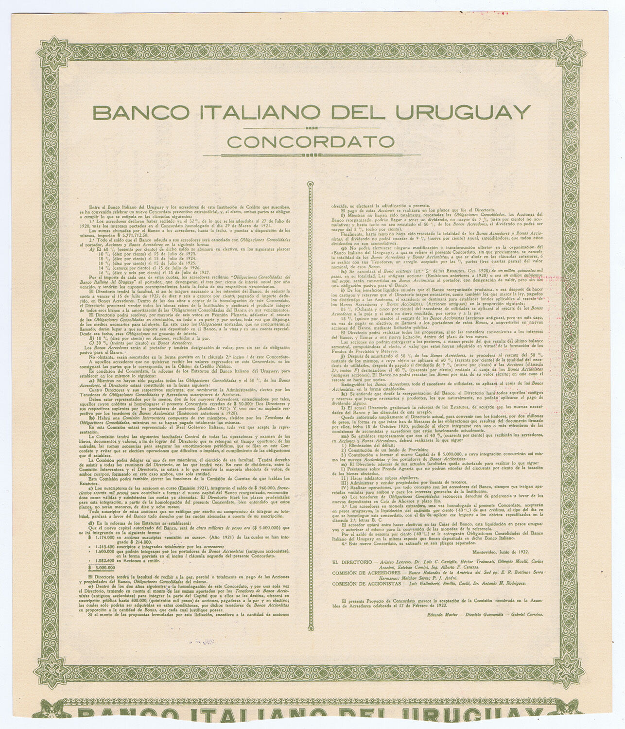BANCO ITALIANO del URUGUAY $100 GOLD PESOS 1924 SHARE with HANDSTAMPS REVENUES +