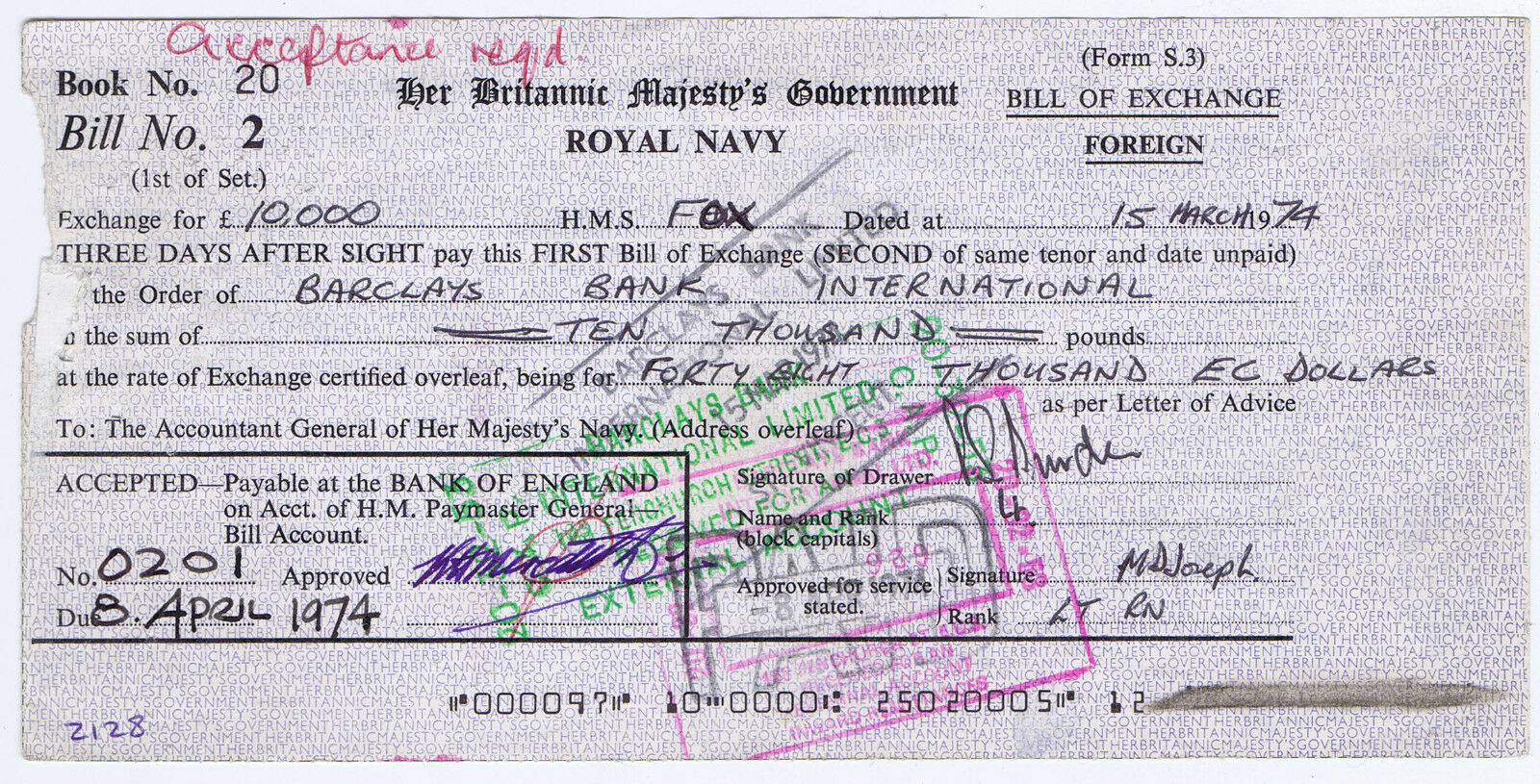 ROYAL NAVY CHECK for £ 10000 (TEN THOUSAND) H.M.S. FOX PAID in ST VINCENT 1974