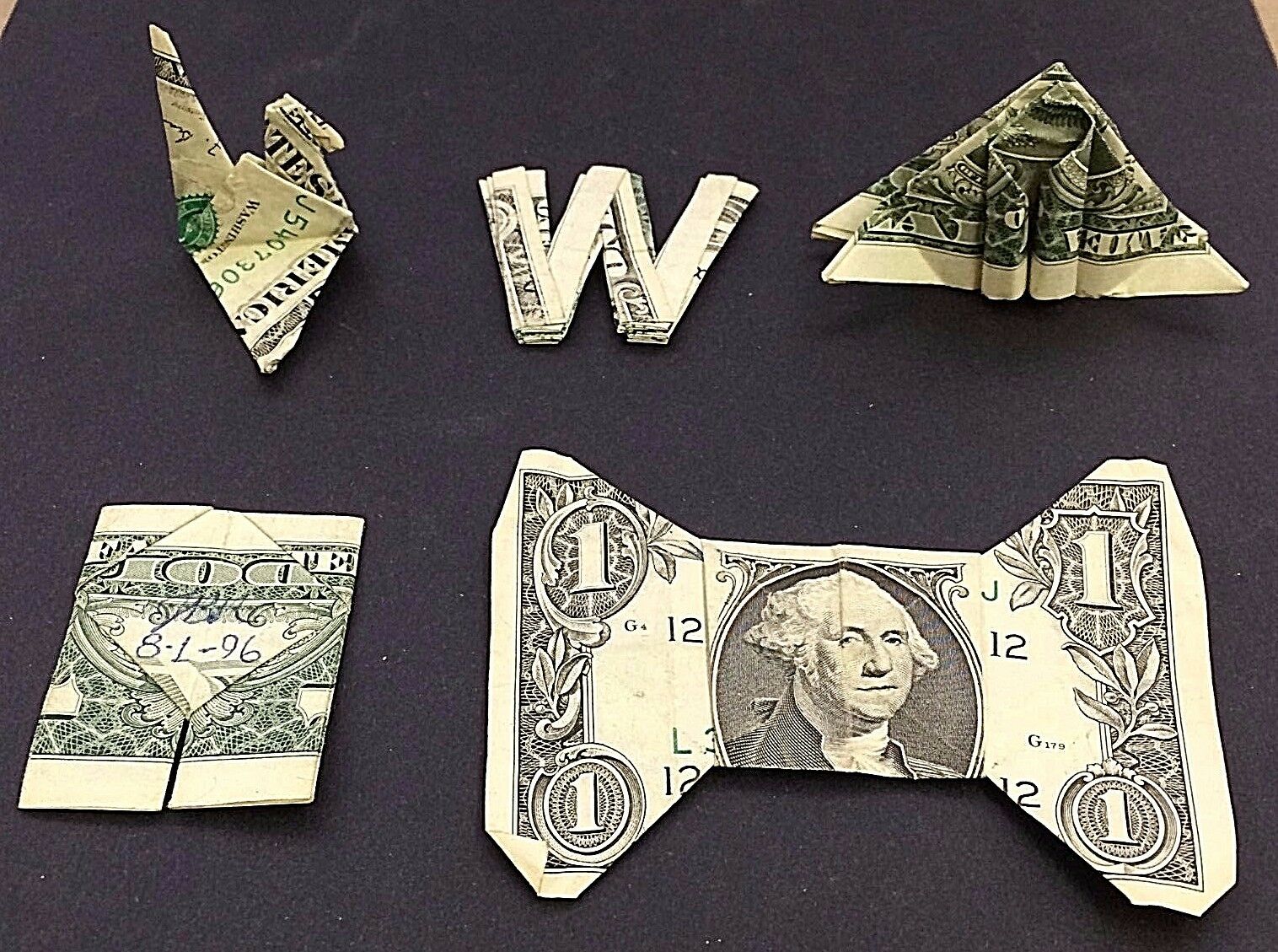 5 JAPAN STYLE ORIGAMI FOLDED USA SMALL $1's BOWTIE BIRD PANTS SPACESHIP M or W