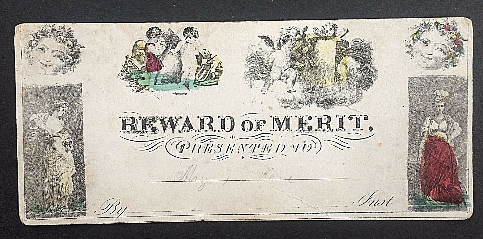 REWARD of MERIT 1851 PRESENTED to MARY KANE COLORFUL CERTIFICATE with NOTATION