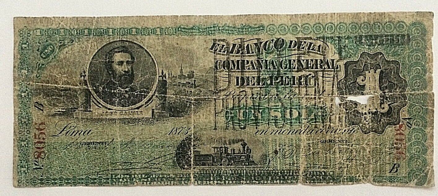 PERU REAL de INCA 1881 on SOL of 1873 P # 11 by 2 DIFFERENT PRINTERS LOCOMOTIVES