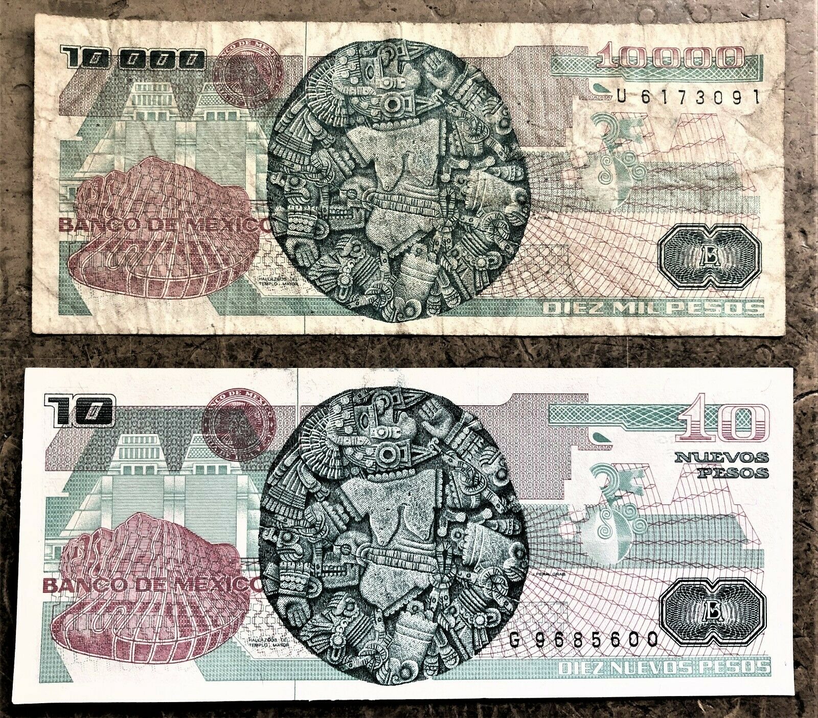 CHANGE-OVER PAIR MEXICO 10 | 000 PESOS of 1991 & 10 NEW PESOS of 1992 SAME DESIGN