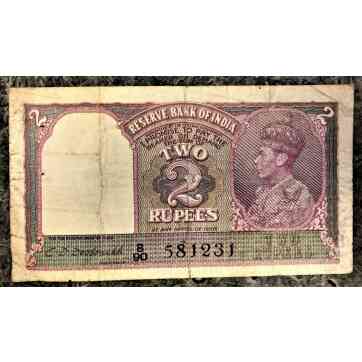 INDIA WWII 2 RUPEES NOTE SIGN DESHMUKH 1943 PICK # 17b KING GEORGE VI ISSUE CIRC
