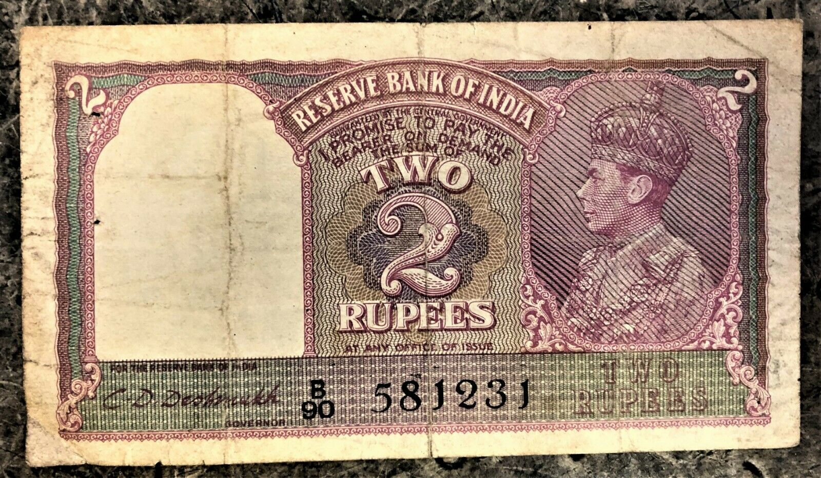 INDIA WWII 2 RUPEES NOTE SIGN DESHMUKH 1943 PICK # 17b KING GEORGE VI ISSUE CIRC
