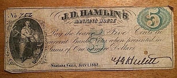 J. D. HAMLIN'S BANKING HOUSE 5¢ NIAGARA FALLS JULY 1862 BLACKSMITH VIGNETTE CIRC