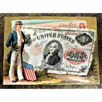 SPECTACULAR US CURRENCY ADVERTISING CARD with an UNCLE SAM TYPE & 10 STAR FLAG +
