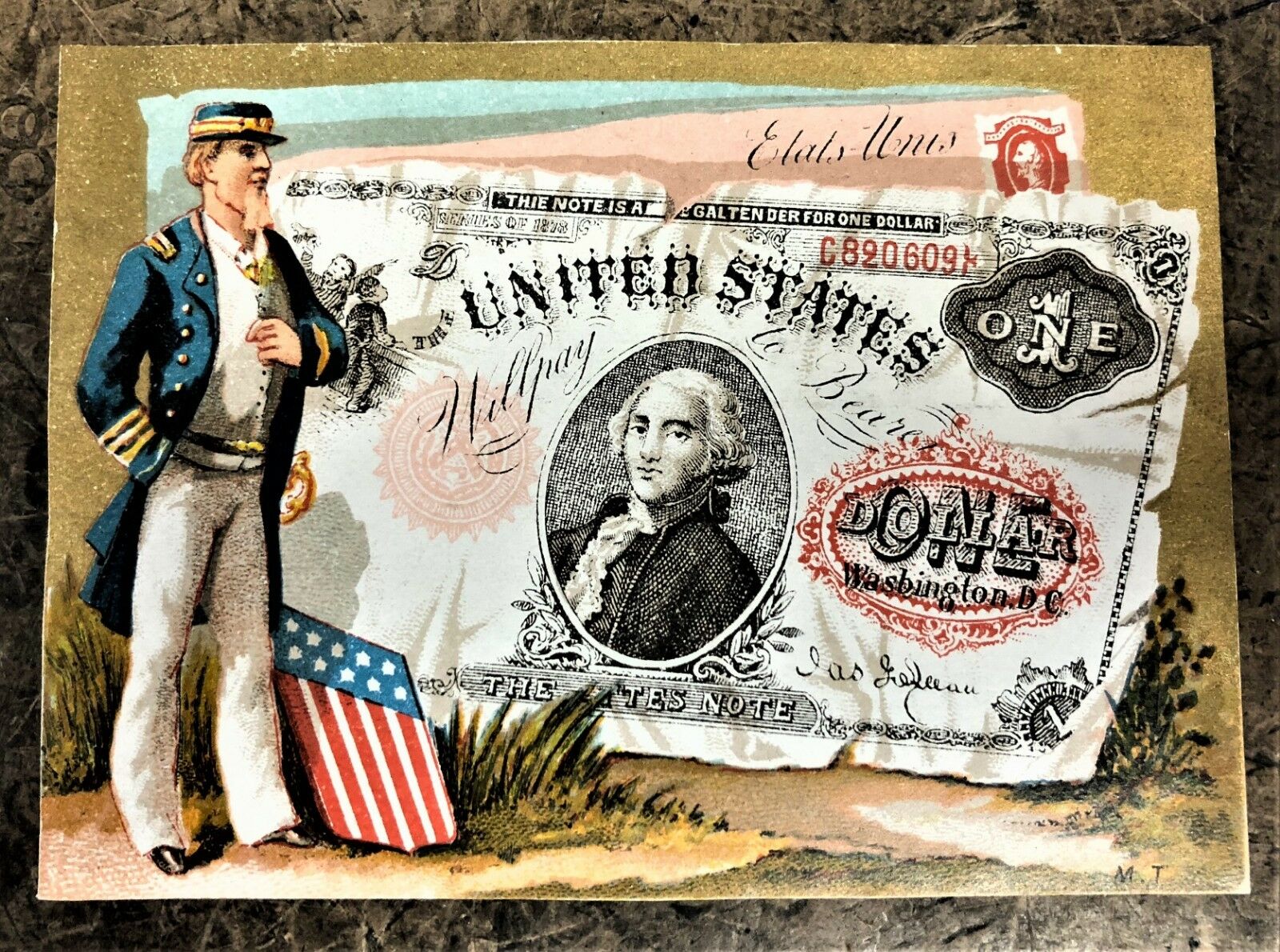 SPECTACULAR US CURRENCY ADVERTISING CARD with an UNCLE SAM TYPE & 10 STAR FLAG +
