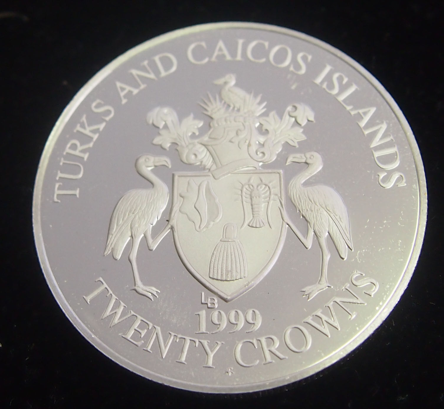 STUNNING COLOR FLOWER TURKS & CAICOS 20 CROWN SILVER COIN of 1999 PROOF
